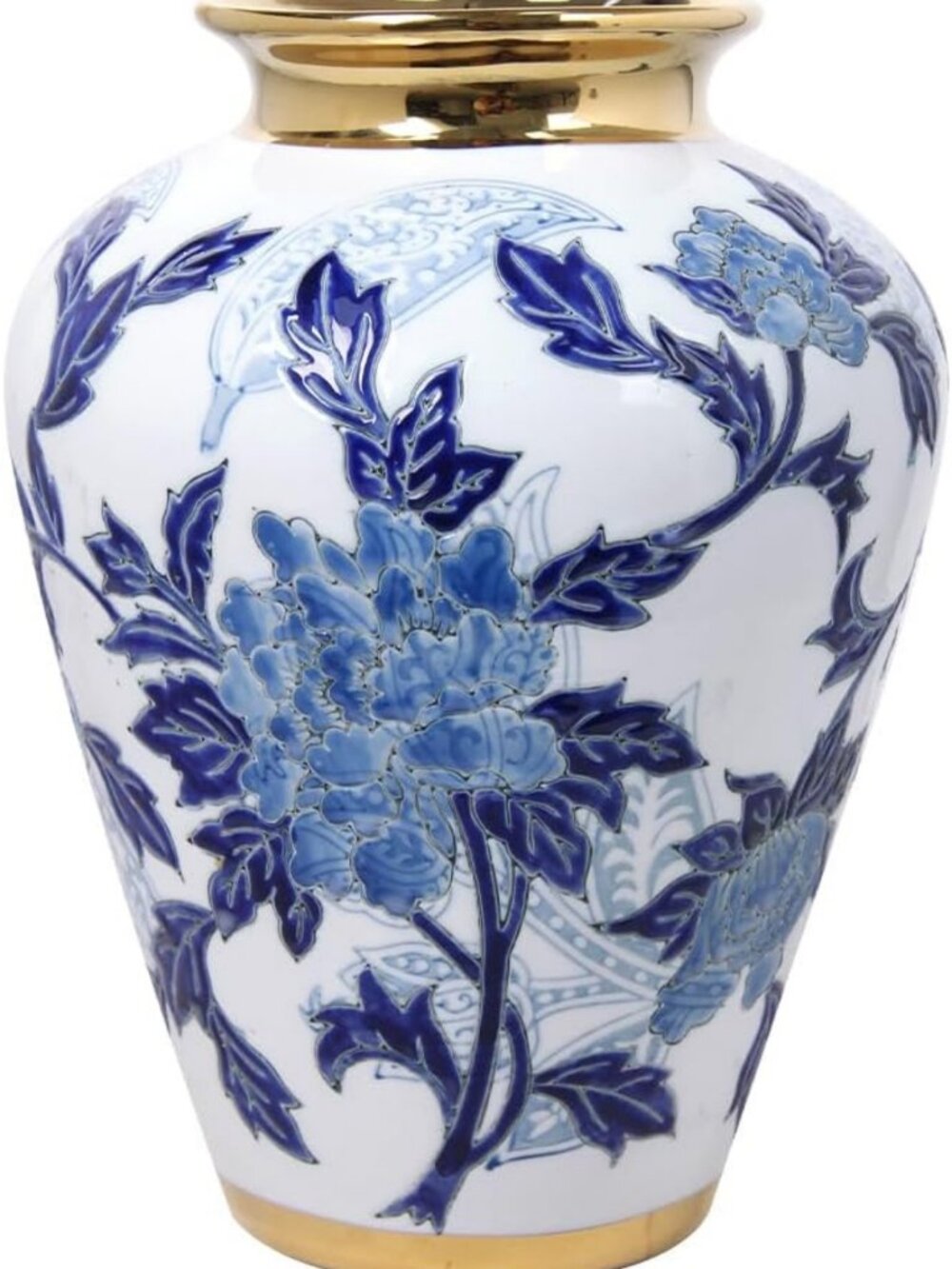 Chinoiserie Blue & White Vase 9.8" with Gold Trim | Elegant Home Decor Gift